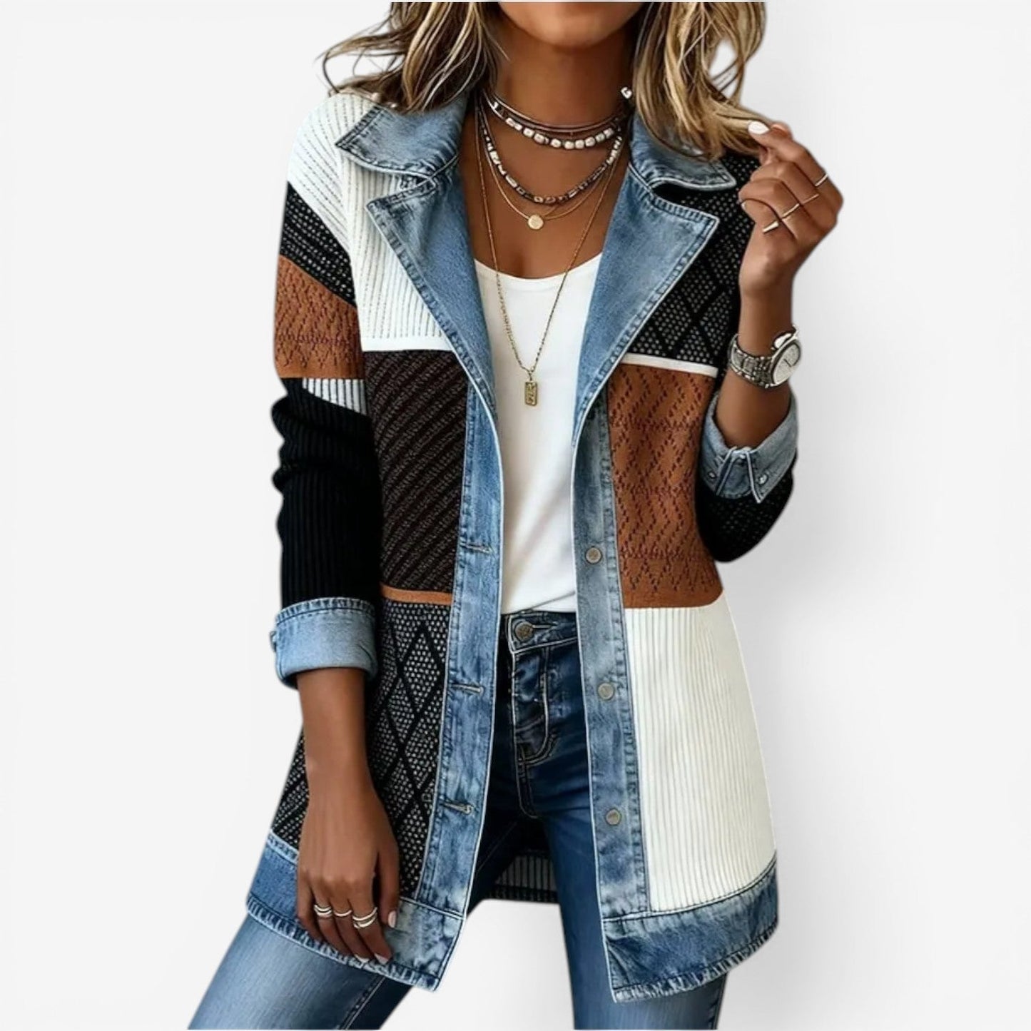 Women's Denim Trim Jacket Long Sleeve with Button Closure and Lapel Collar