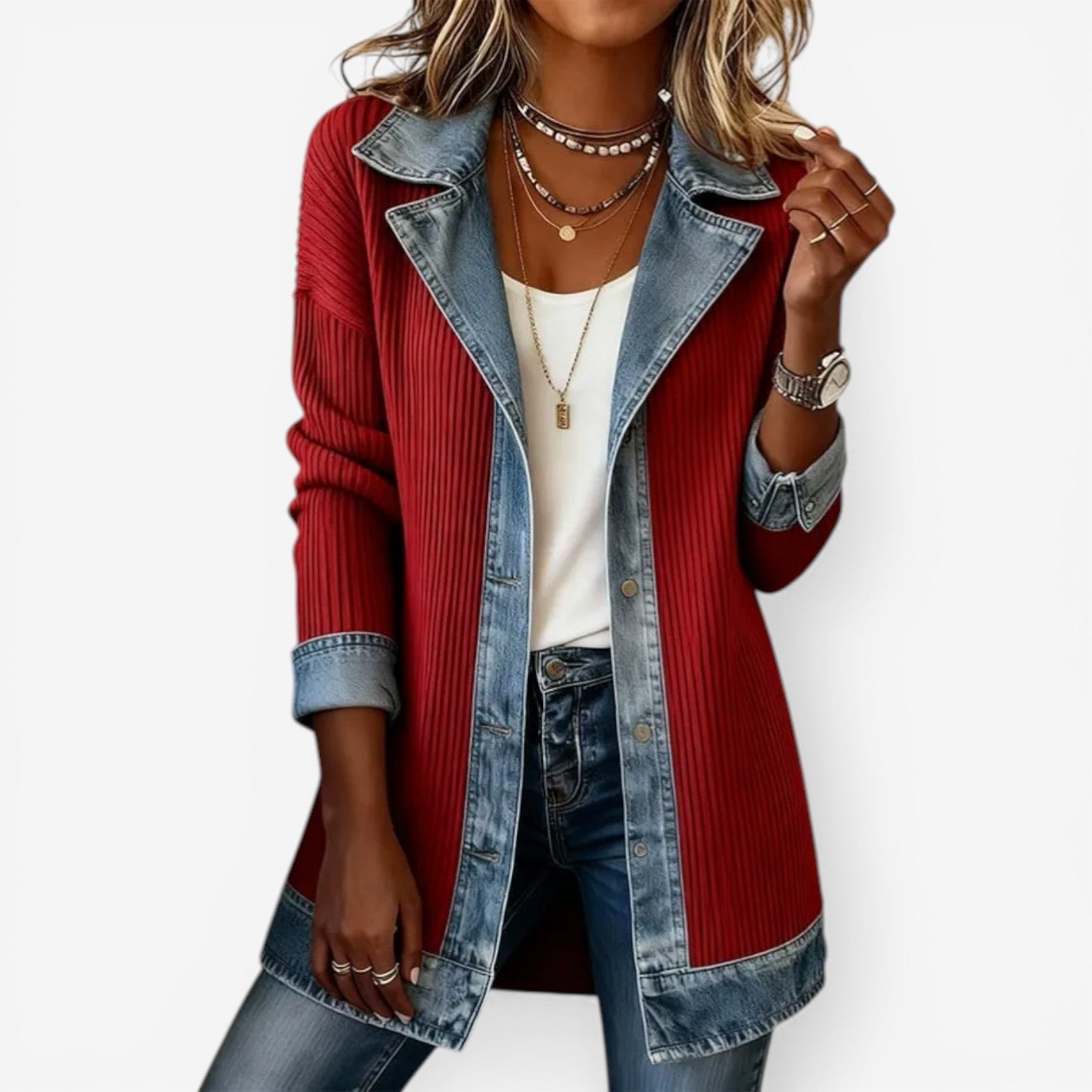 Women's Denim Trim Jacket Long Sleeve with Button Closure and Lapel Collar