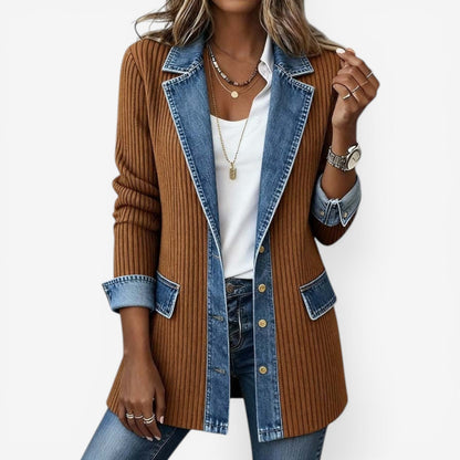 Women's Denim Trim Jacket Long Sleeve with Button Closure and Lapel Collar