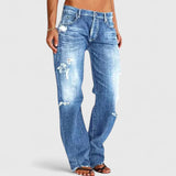 Women's Distressed Straight Leg Jeans with Low Rise Waist