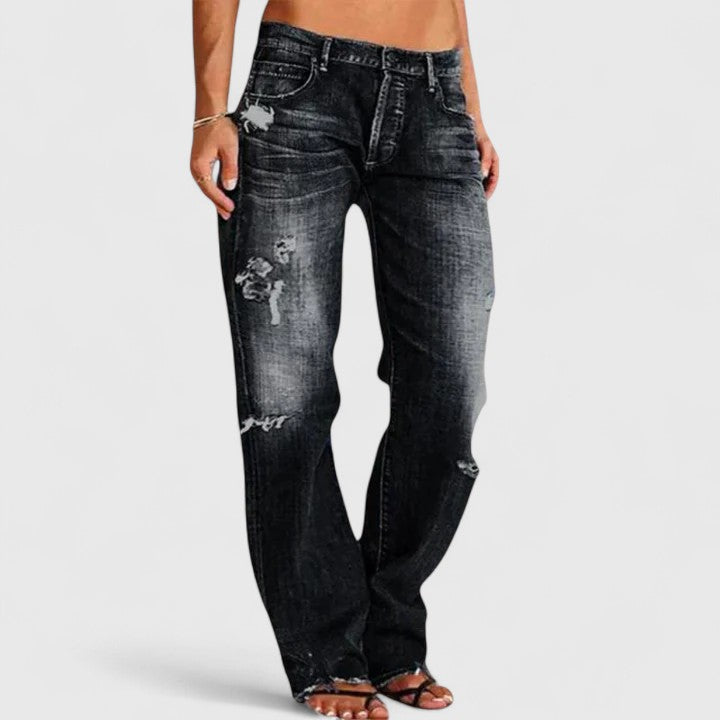 Women's Distressed Straight Leg Jeans with Low Rise Waist