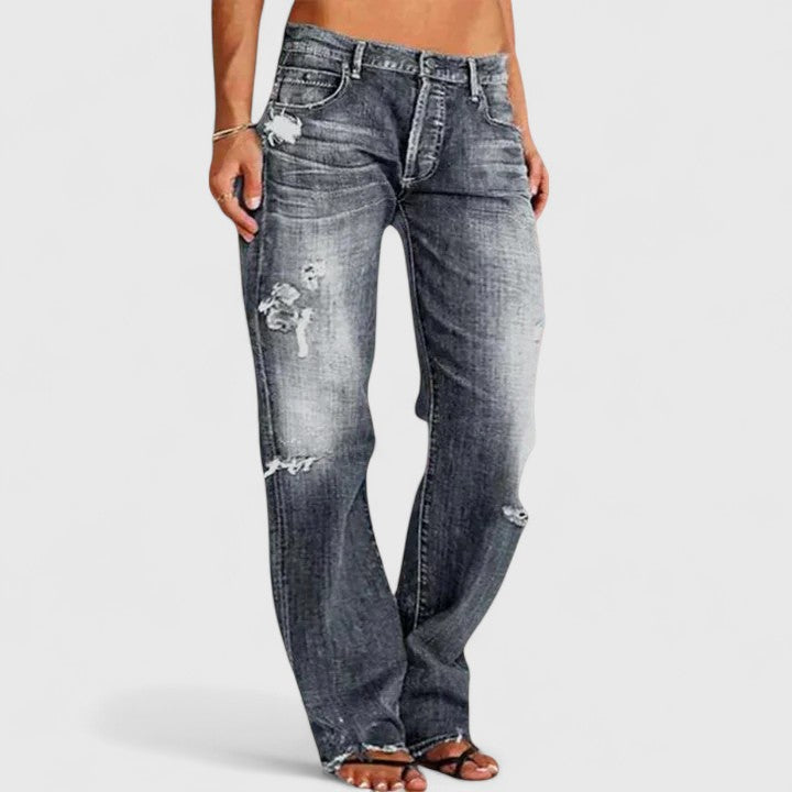 Women's Distressed Straight Leg Jeans with Low Rise Waist