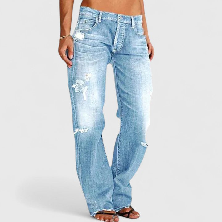 Women's Distressed Straight Leg Jeans with Low Rise Waist