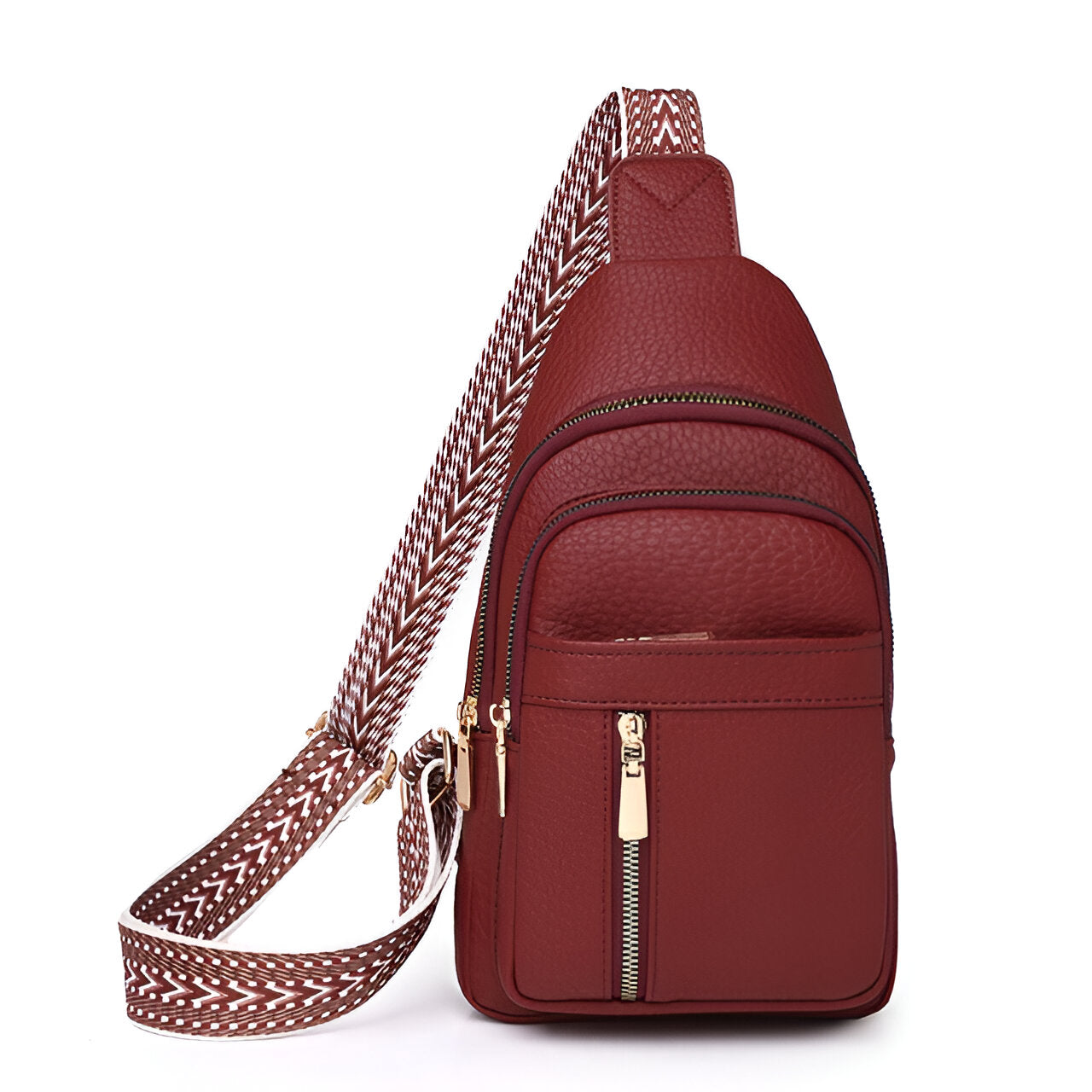 Women's Faux Leather Sling Bag with Patterned Strap and Gold-Tone Zippers