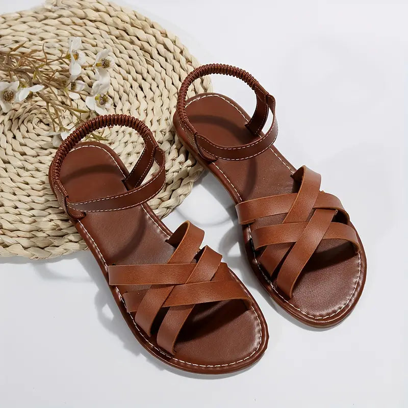 Women's Flat Sandals with Crossover Straps and Elastic Ankle Band