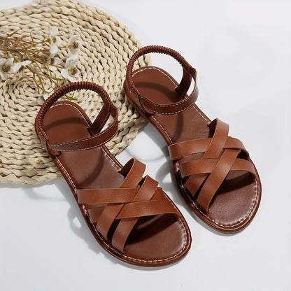 Women's Flat Sandals with Crossover Straps and Elastic Ankle Band