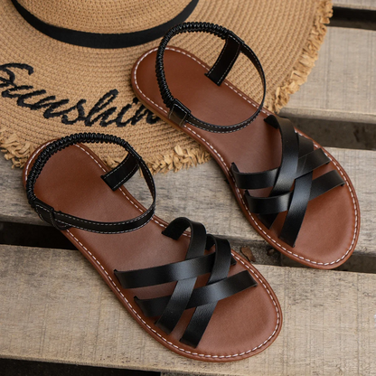 Women's Flat Sandals with Crossover Straps and Elastic Ankle Band