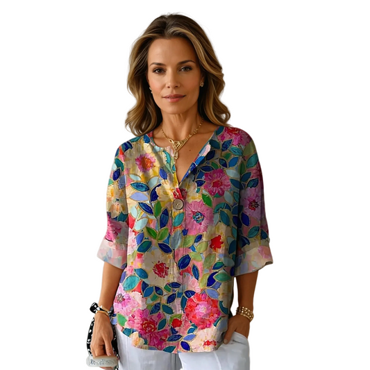 Women's Floral Blouse with V-Neck and Three-Quarter Sleeves