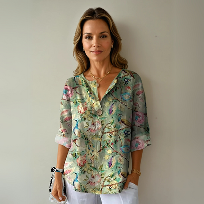 Women's Floral Blouse with V-Neck and Three-Quarter Sleeves