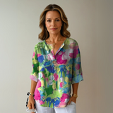 Women's Floral Blouse with V-Neck and Three-Quarter Sleeves