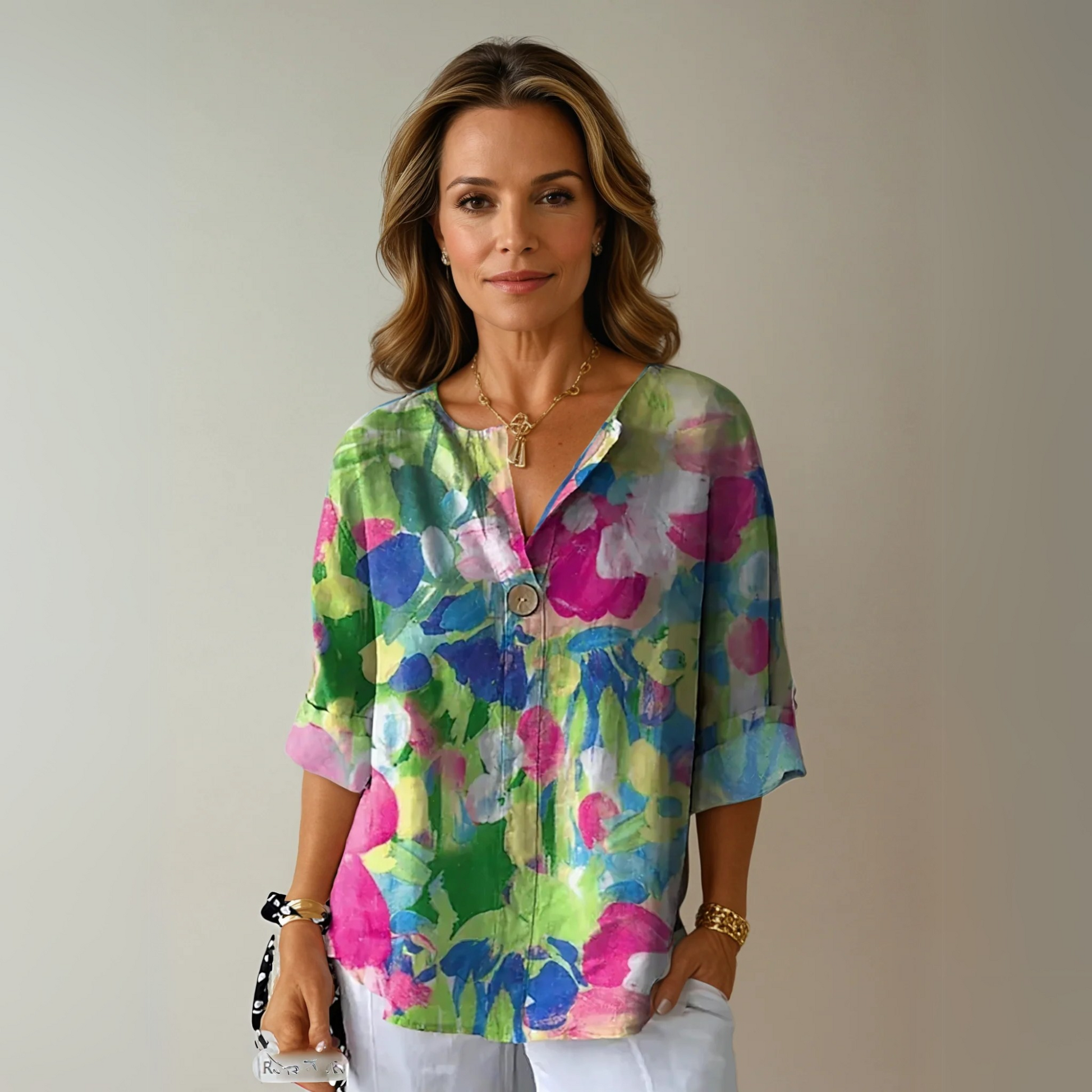 Women's Floral Blouse with V-Neck and Three-Quarter Sleeves