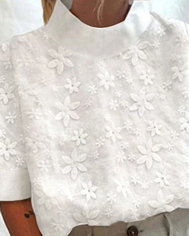 Women's Floral Embroidered Blouse with Mock Neck and Short Sleeves