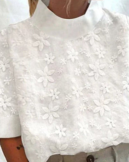 Women's Floral Embroidered Blouse with Mock Neck and Short Sleeves