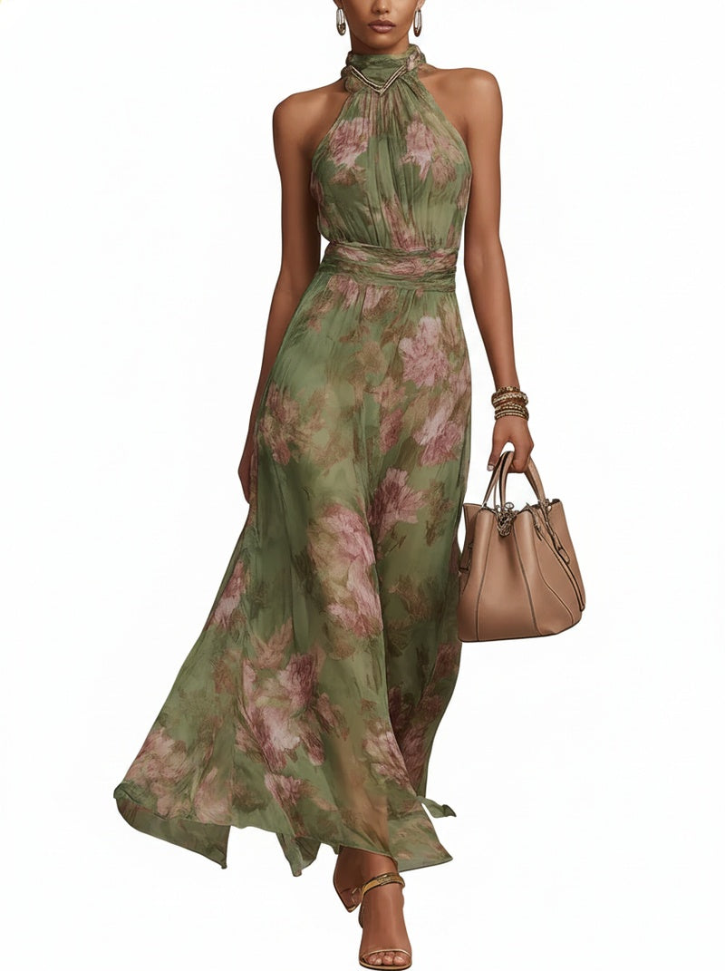Women's Floral Maxi Dress Sleeveless with Halter Neck and A-Line Skirt