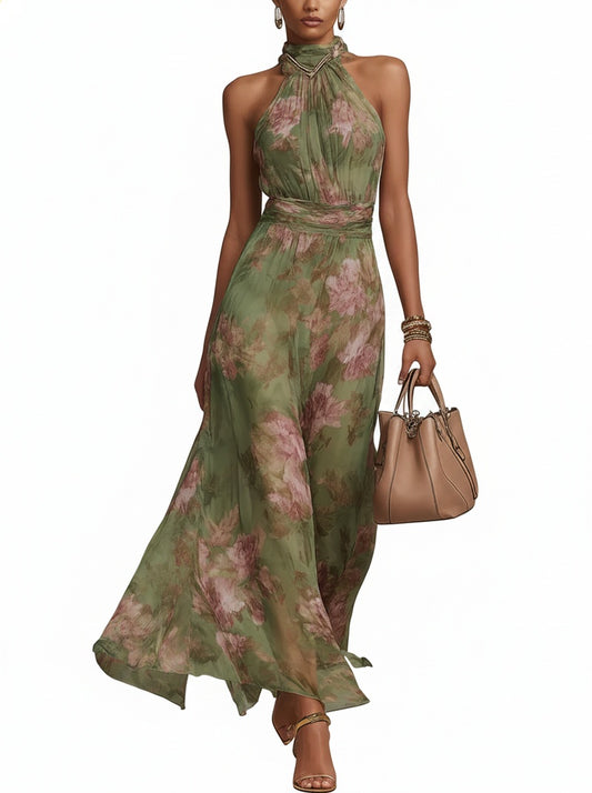 Women's Floral Maxi Dress Sleeveless with Halter Neck and A-Line Skirt