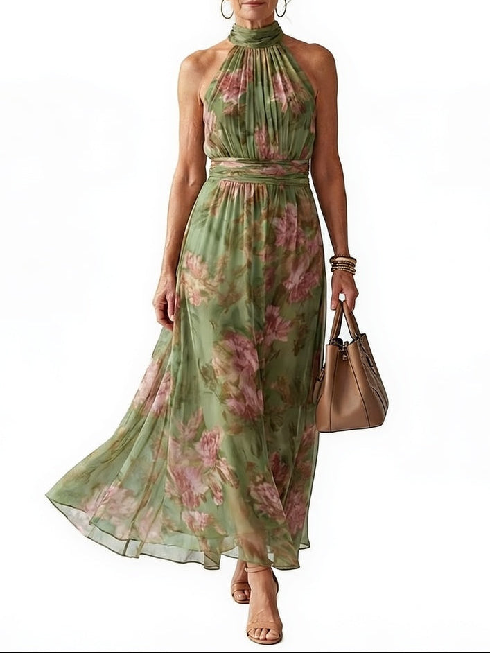 Women's Floral Maxi Dress Sleeveless with Halter Neck and A-Line Skirt
