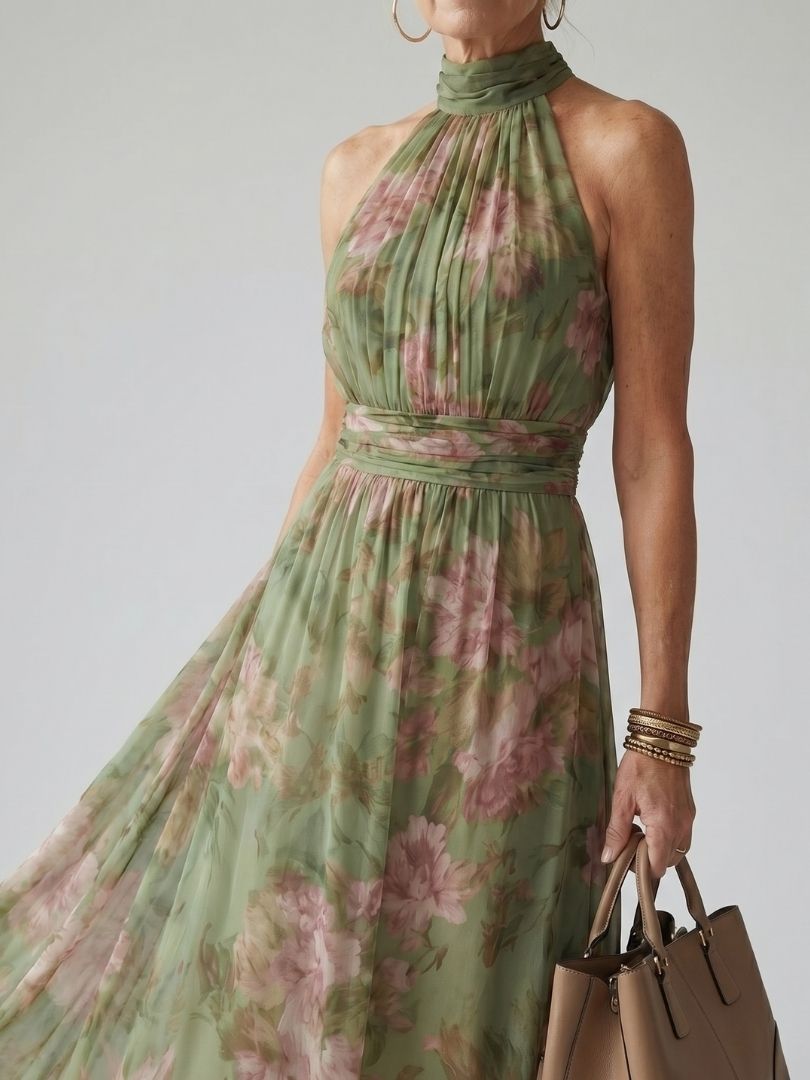 Women's Floral Maxi Dress Sleeveless with Halter Neck and A-Line Skirt