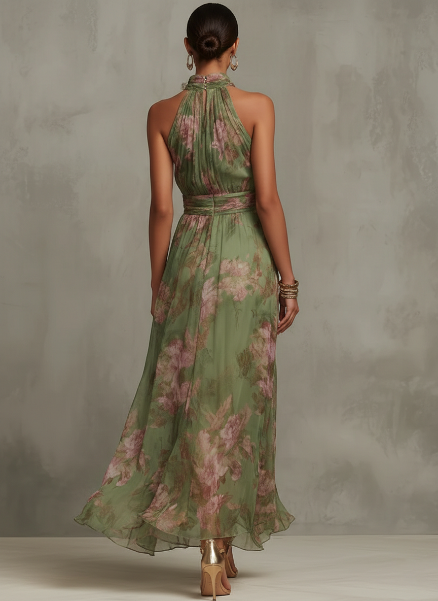 Women's Floral Maxi Dress Sleeveless with Halter Neck and A-Line Skirt