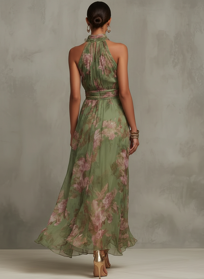 Women's Floral Maxi Dress Sleeveless with Halter Neck and A-Line Skirt