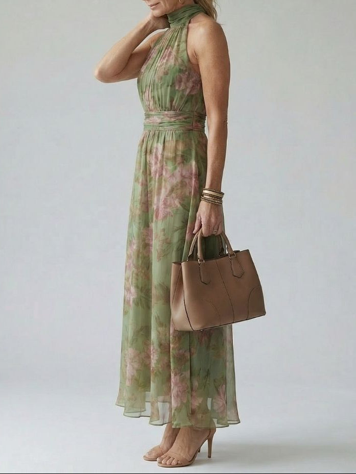 Women's Floral Maxi Dress Sleeveless with Halter Neck and A-Line Skirt