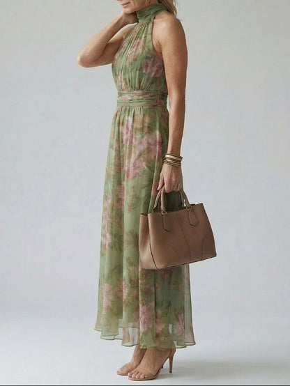 Women's Floral Maxi Dress Sleeveless with Halter Neck and A-Line Skirt