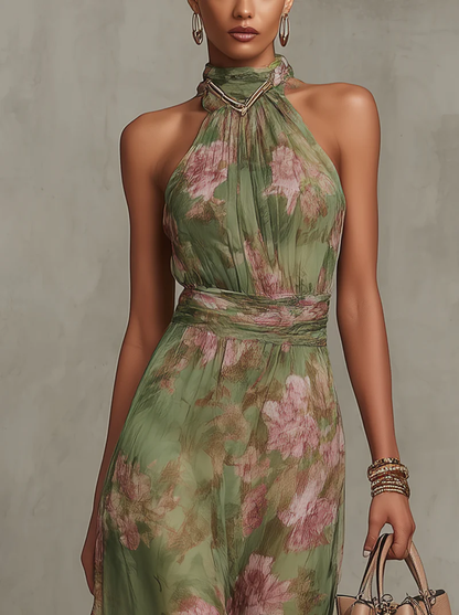 Women's Floral Maxi Dress Sleeveless with Halter Neck and A-Line Skirt