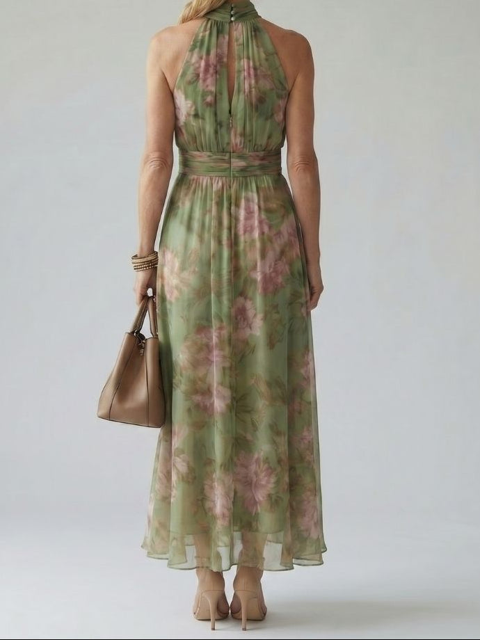 Women's Floral Maxi Dress Sleeveless with Halter Neck and A-Line Skirt