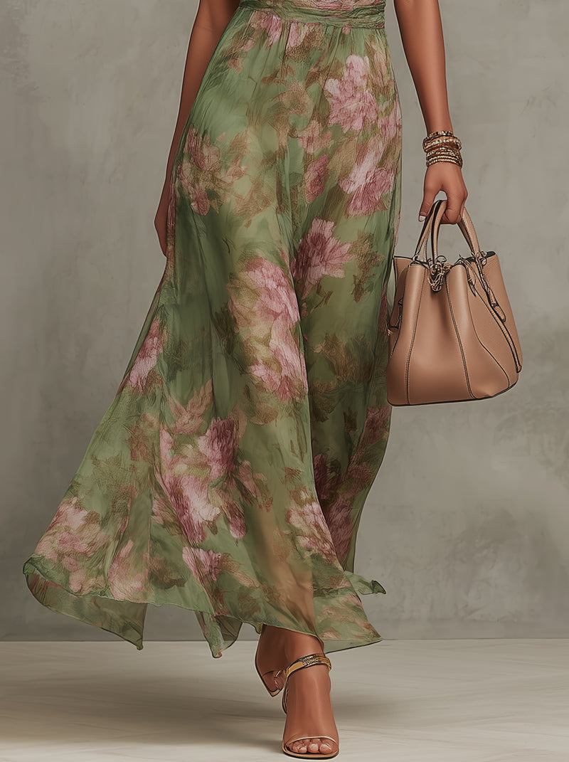 Women's Floral Maxi Dress Sleeveless with Halter Neck and A-Line Skirt