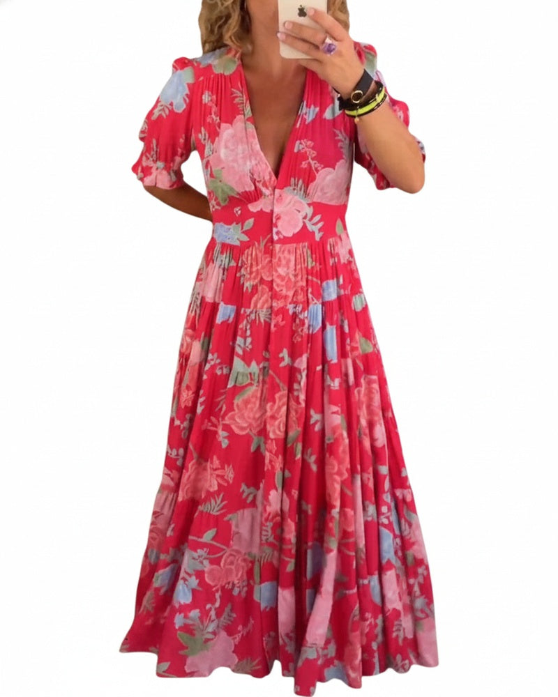 Women's Floral Maxi Dress with Short Sleeves, Deep V-Neck and A-Line Tiered Skirt