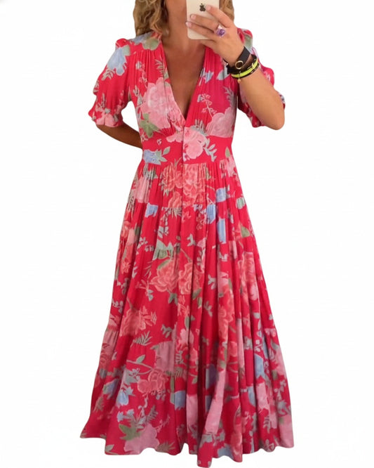 Women's Floral Maxi Dress with Short Sleeves, Deep V-Neck and A-Line Tiered Skirt