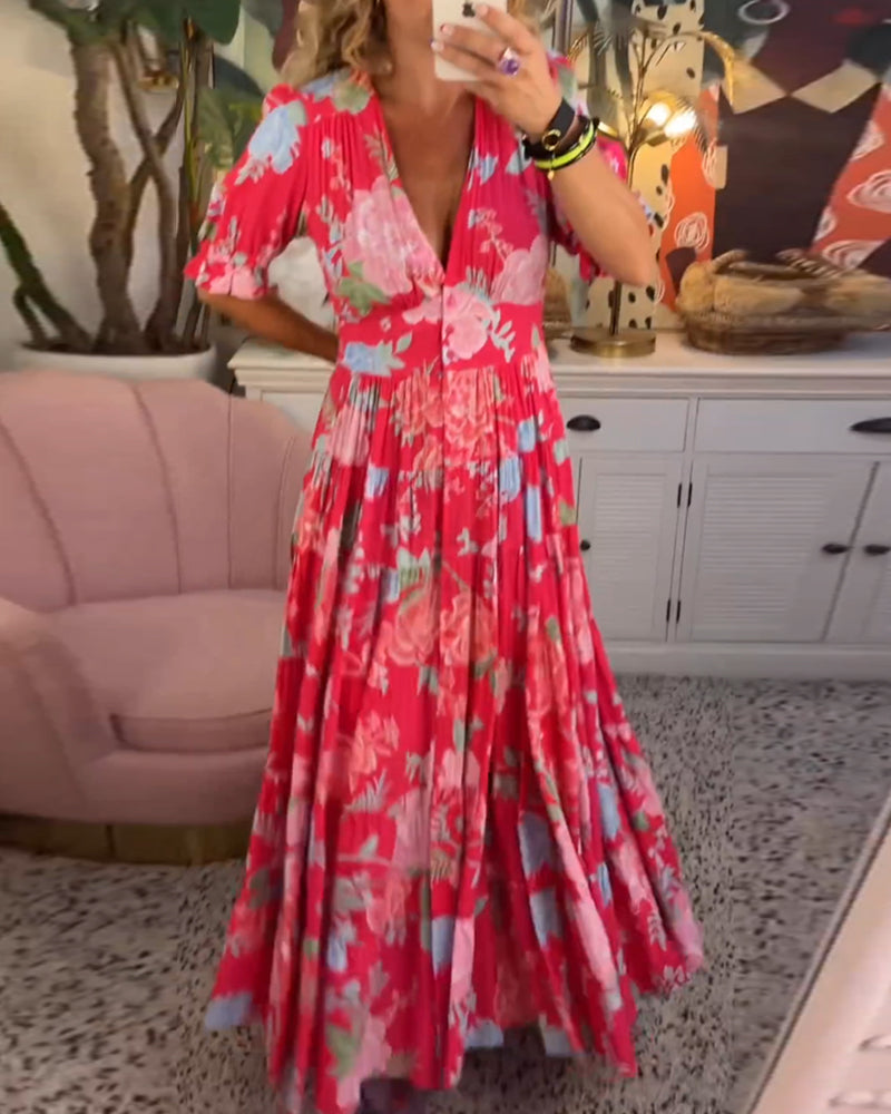Women's Floral Maxi Dress with Short Sleeves, Deep V-Neck and A-Line Tiered Skirt