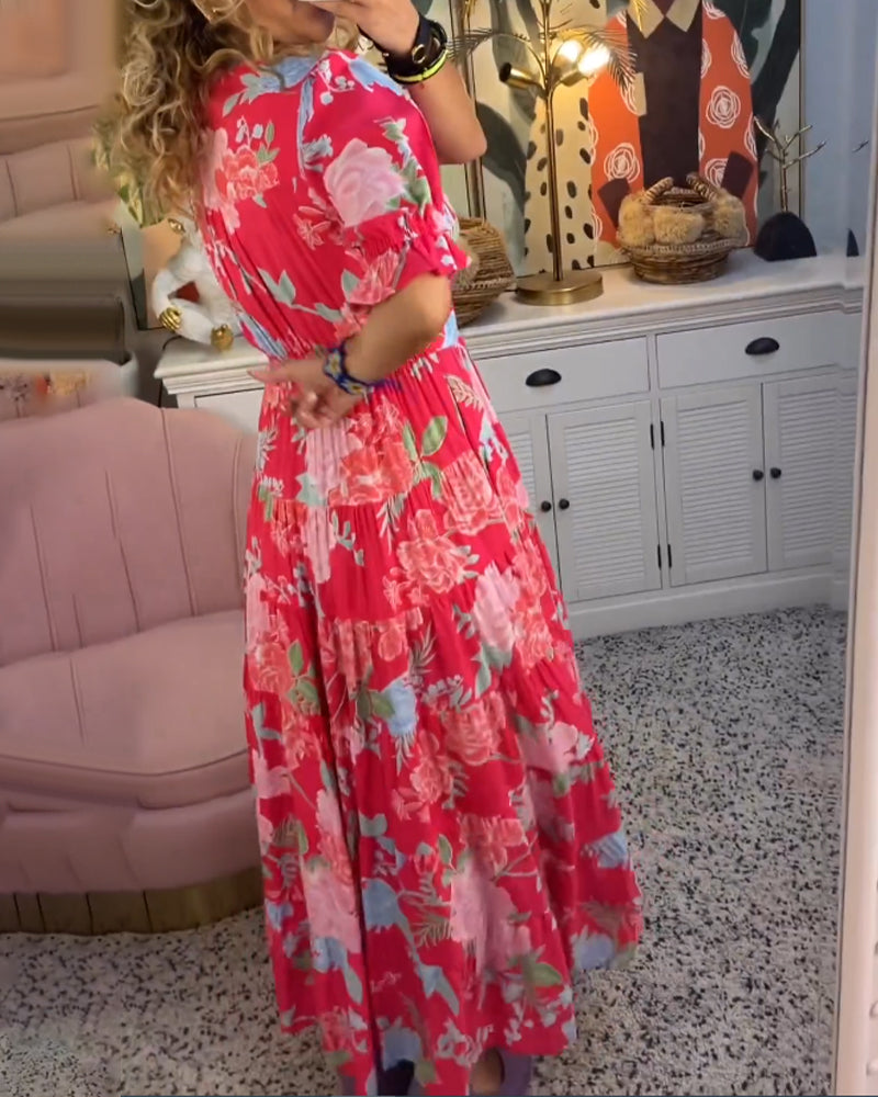 Women's Floral Maxi Dress with Short Sleeves, Deep V-Neck and A-Line Tiered Skirt