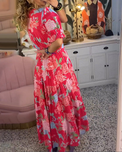 Women's Floral Maxi Dress with Short Sleeves, Deep V-Neck and A-Line Tiered Skirt