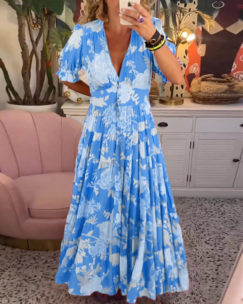 Women's Floral Maxi Dress with Short Sleeves, Deep V-Neck and A-Line Tiered Skirt