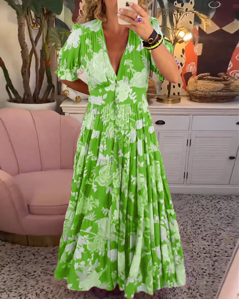 Women's Floral Maxi Dress with Short Sleeves, Deep V-Neck and A-Line Tiered Skirt