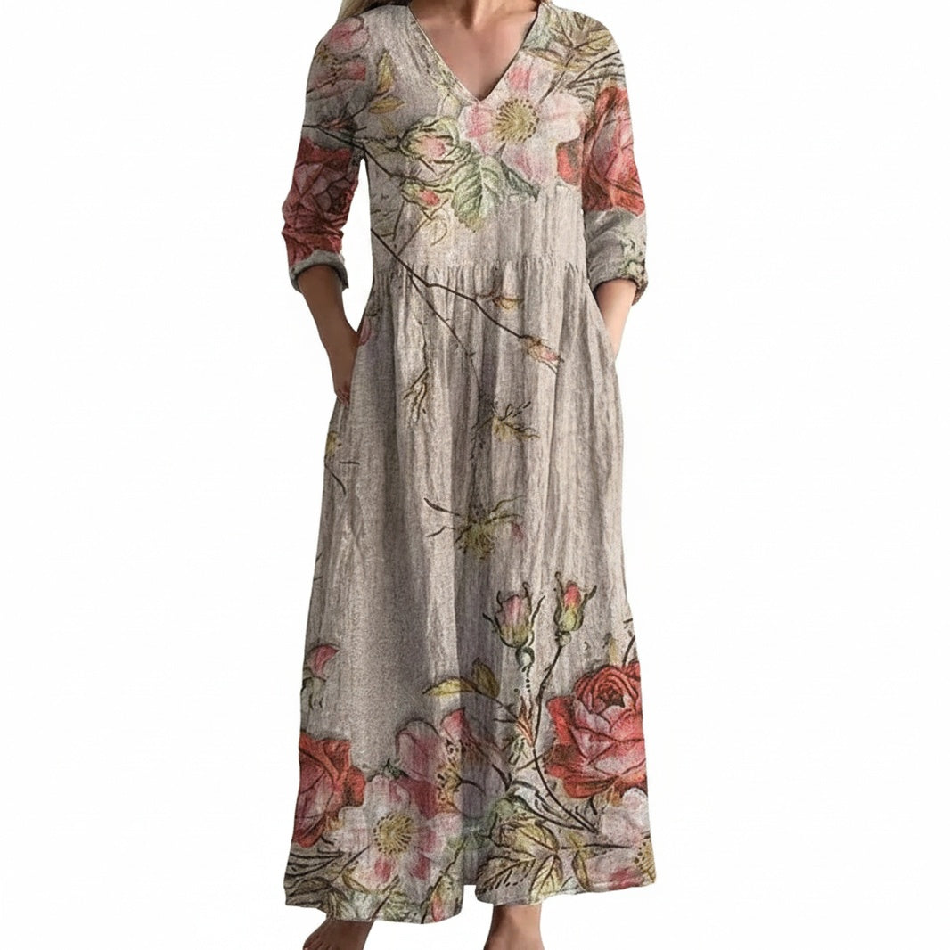 Women's Floral Maxi Dress with V-Neck and Three-Quarter Sleeves