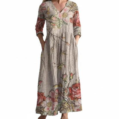 Women's Floral Maxi Dress with V-Neck and Three-Quarter Sleeves