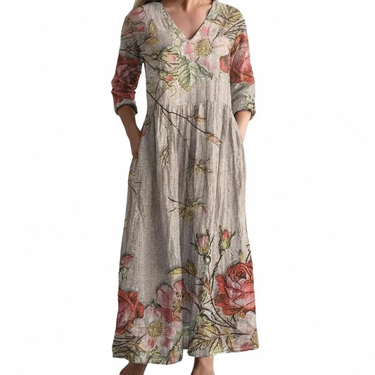 Women's Floral Maxi Dress with V-Neck and Three-Quarter Sleeves
