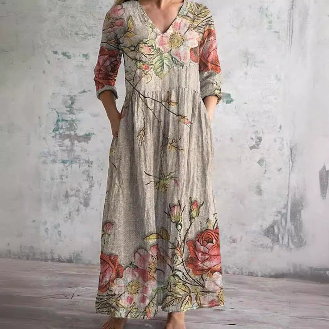 Women's Floral Maxi Dress with V-Neck and Three-Quarter Sleeves