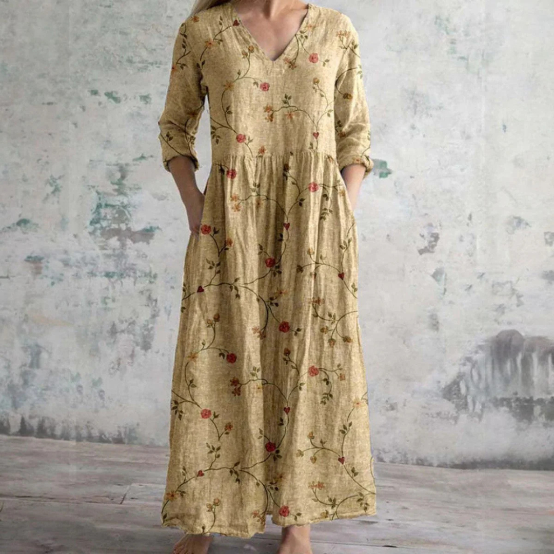 Women's Floral Maxi Dress with V-Neck and Three-Quarter Sleeves