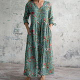 Women's Floral Maxi Dress with V-Neck and Three-Quarter Sleeves