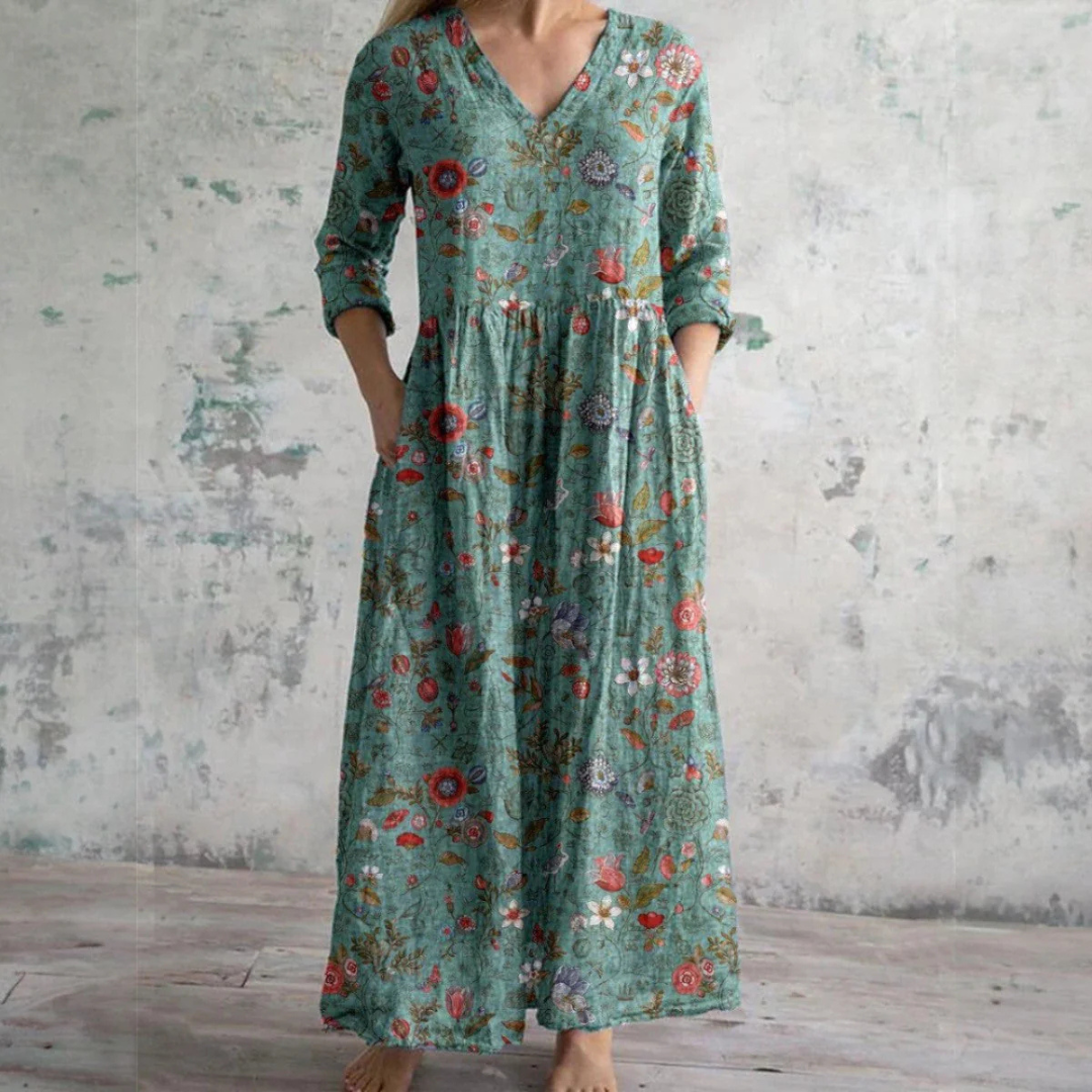Women's Floral Maxi Dress with V-Neck and Three-Quarter Sleeves
