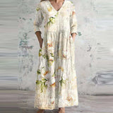 Women's Floral Maxi Dress with V-Neck and Three-Quarter Sleeves