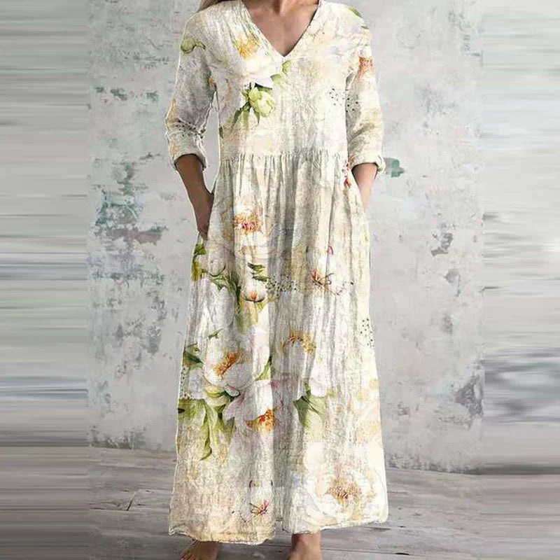 Women's Floral Maxi Dress with V-Neck and Three-Quarter Sleeves