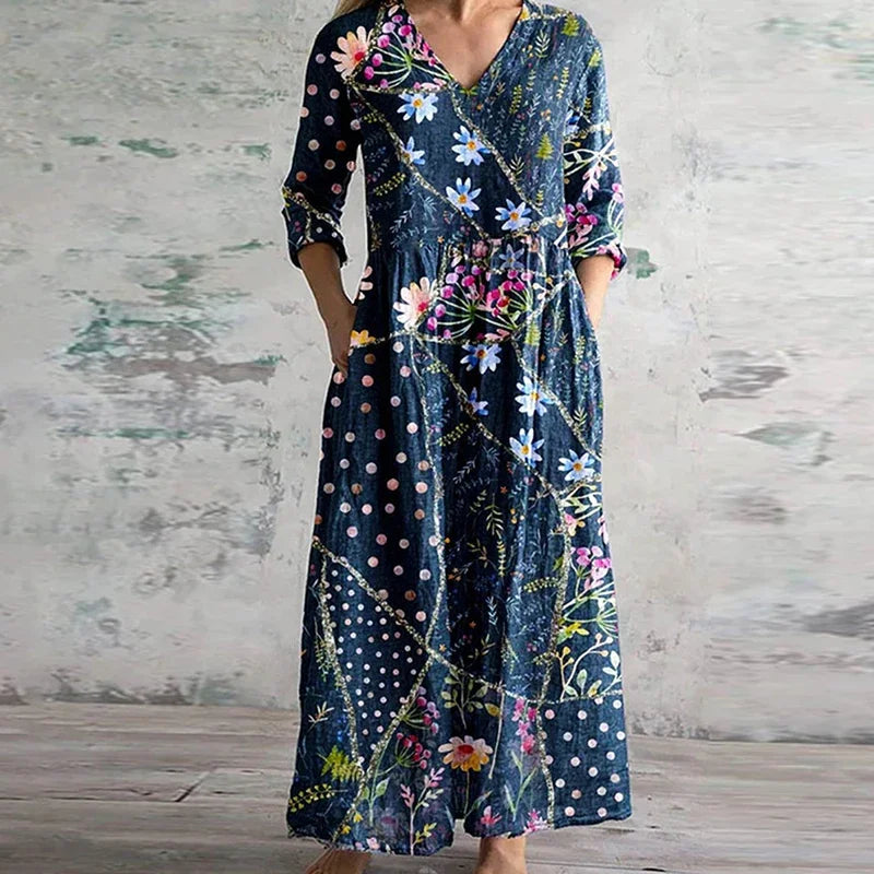 Women's Floral Maxi Dress with V-Neck and Three-Quarter Sleeves