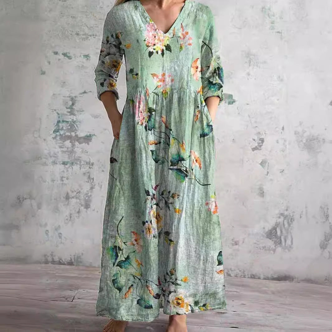 Women's Floral Maxi Dress with V-Neck and Three-Quarter Sleeves