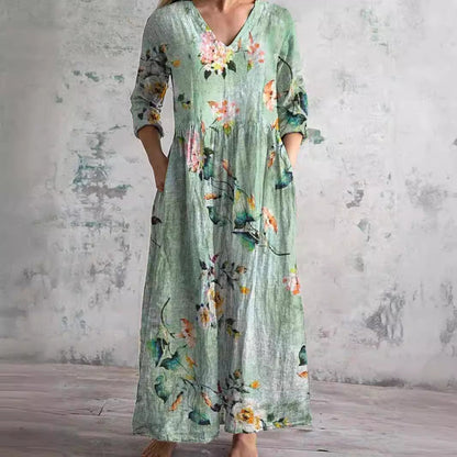 Women's Floral Maxi Dress with V-Neck and Three-Quarter Sleeves