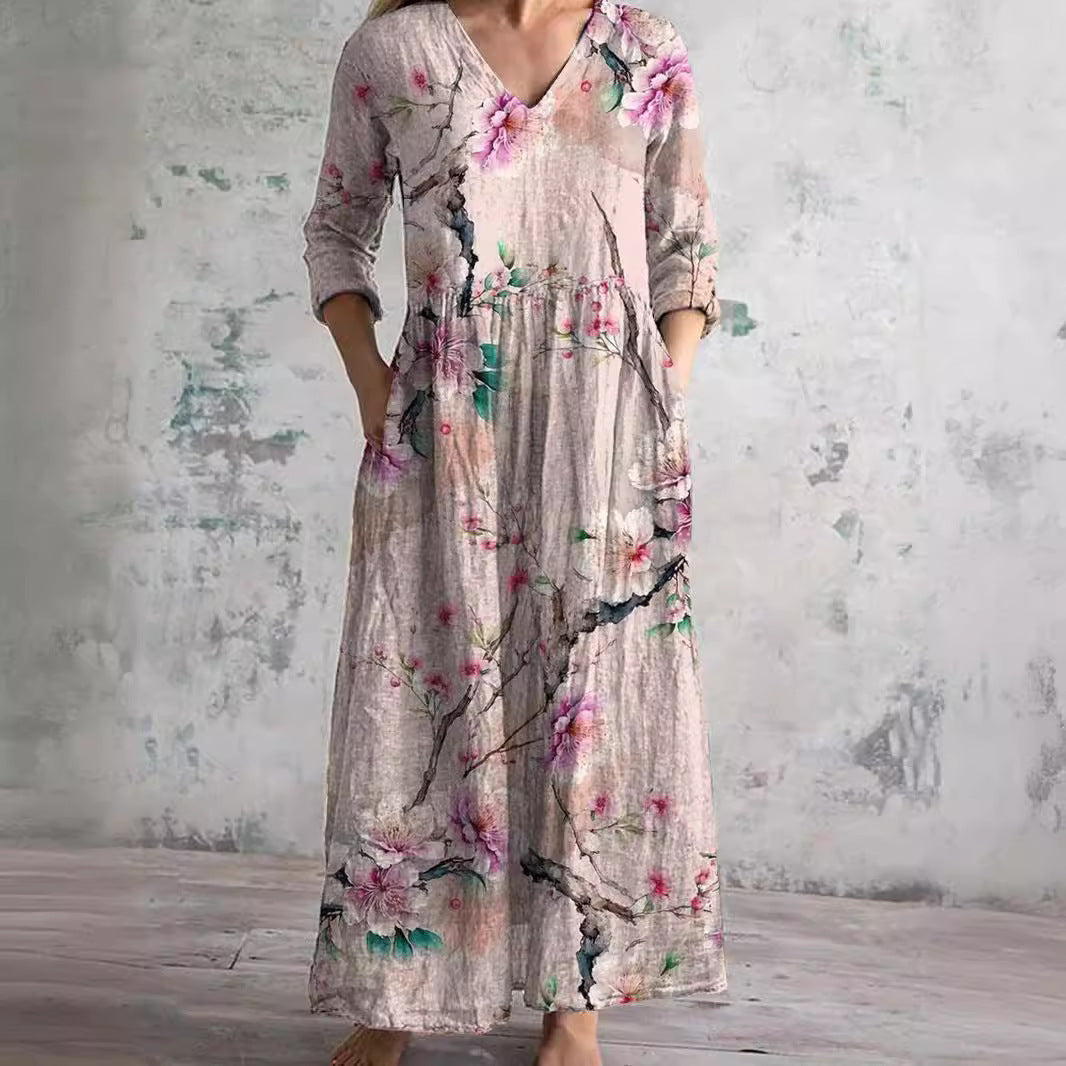 Women's Floral Maxi Dress with V-Neck and Three-Quarter Sleeves