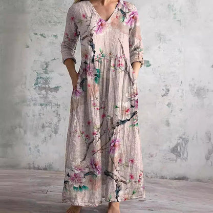 Women's Floral Maxi Dress with V-Neck and Three-Quarter Sleeves