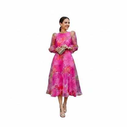 Women's Floral Midi Dress with Long Puff Sleeves and A-Line Silhouette